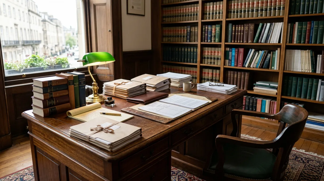 Professional office workspace with legal documents, law books and a wooden desk. Soft natural lighting suggesting trust and professionalism