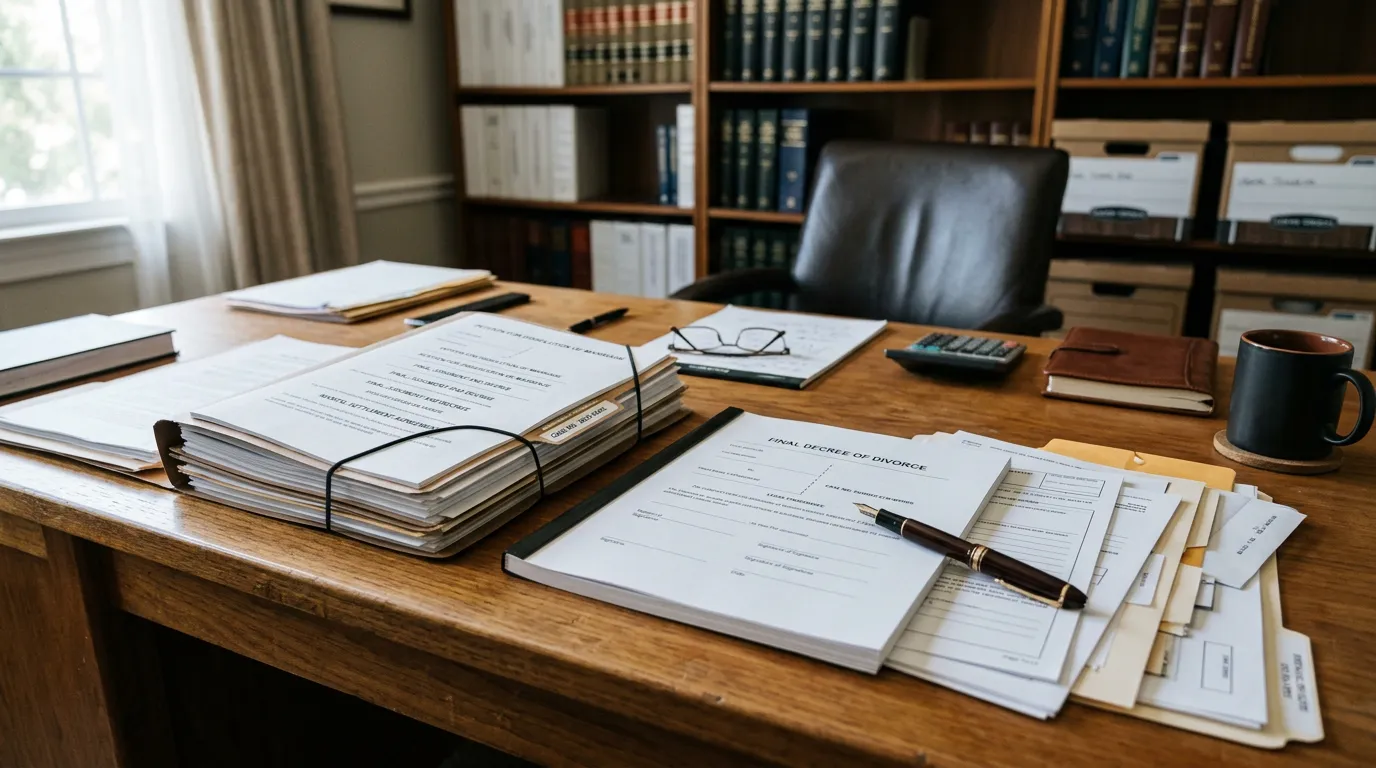 Legal consultation workspace showing divorce decree and documents on wooden desk, professional setting