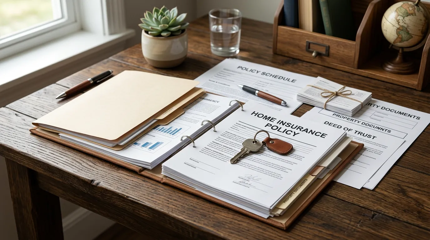 Home insurance policy and property documents on desk with house key, depicting home protection coverage