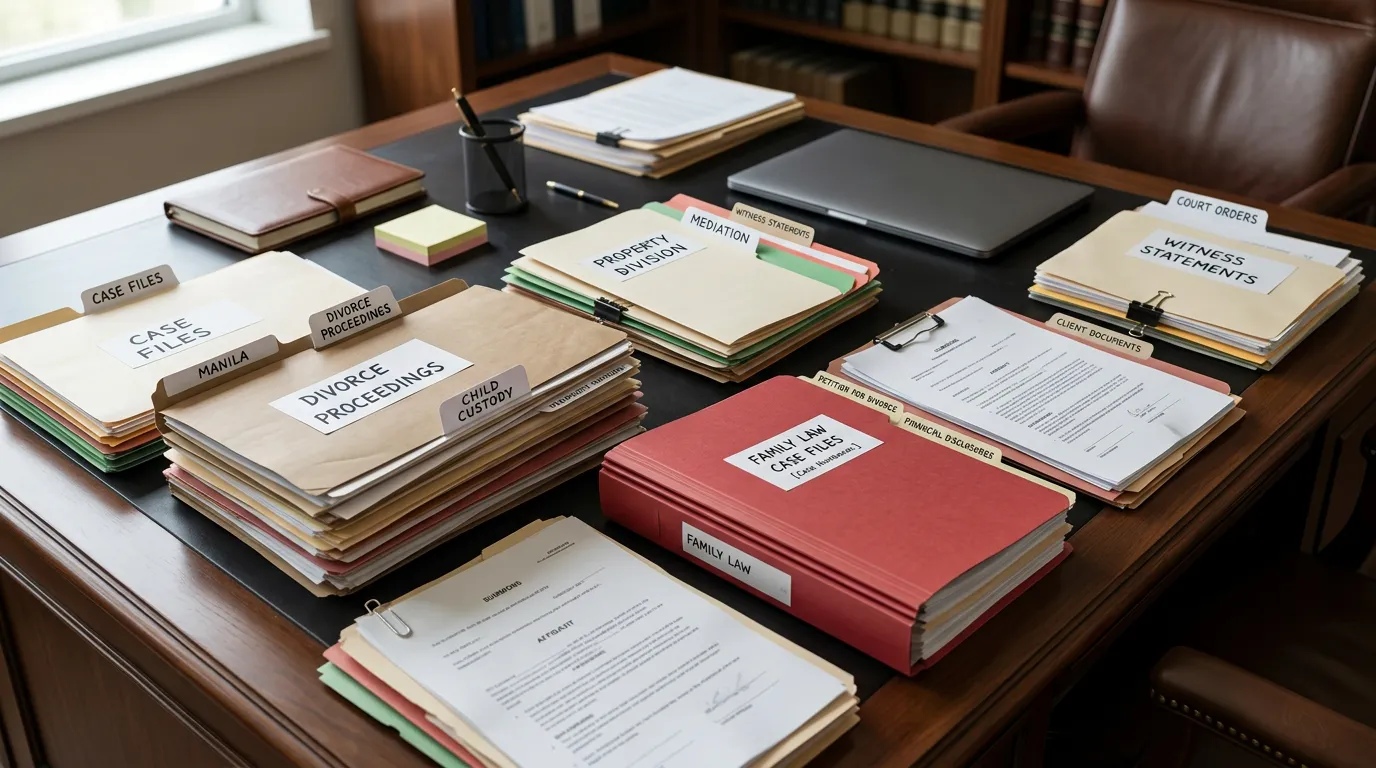 Court documents and legal files related to family law proceedings, organized on desk