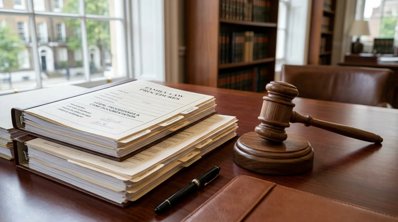 Family law concept image: legal documents and gavel on desk representing family procedures