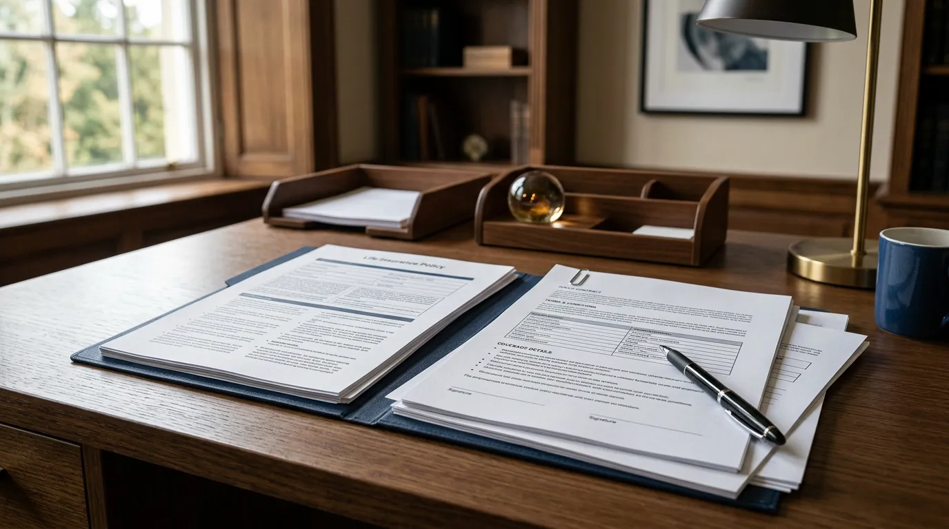 Life insurance policy documents and paperwork on a professional desk, peaceful and respectful setting
